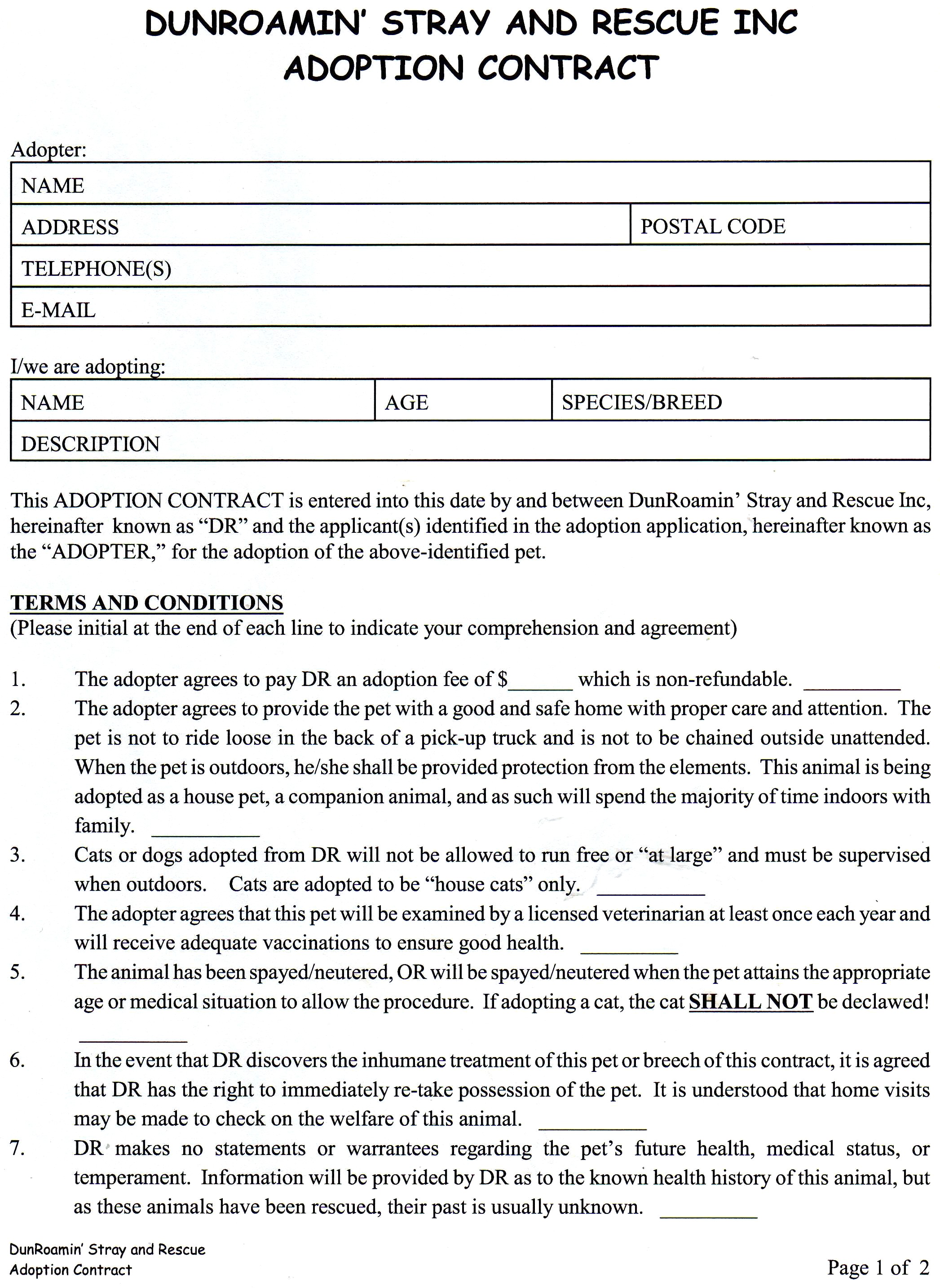 Cat Adoption Contract Template